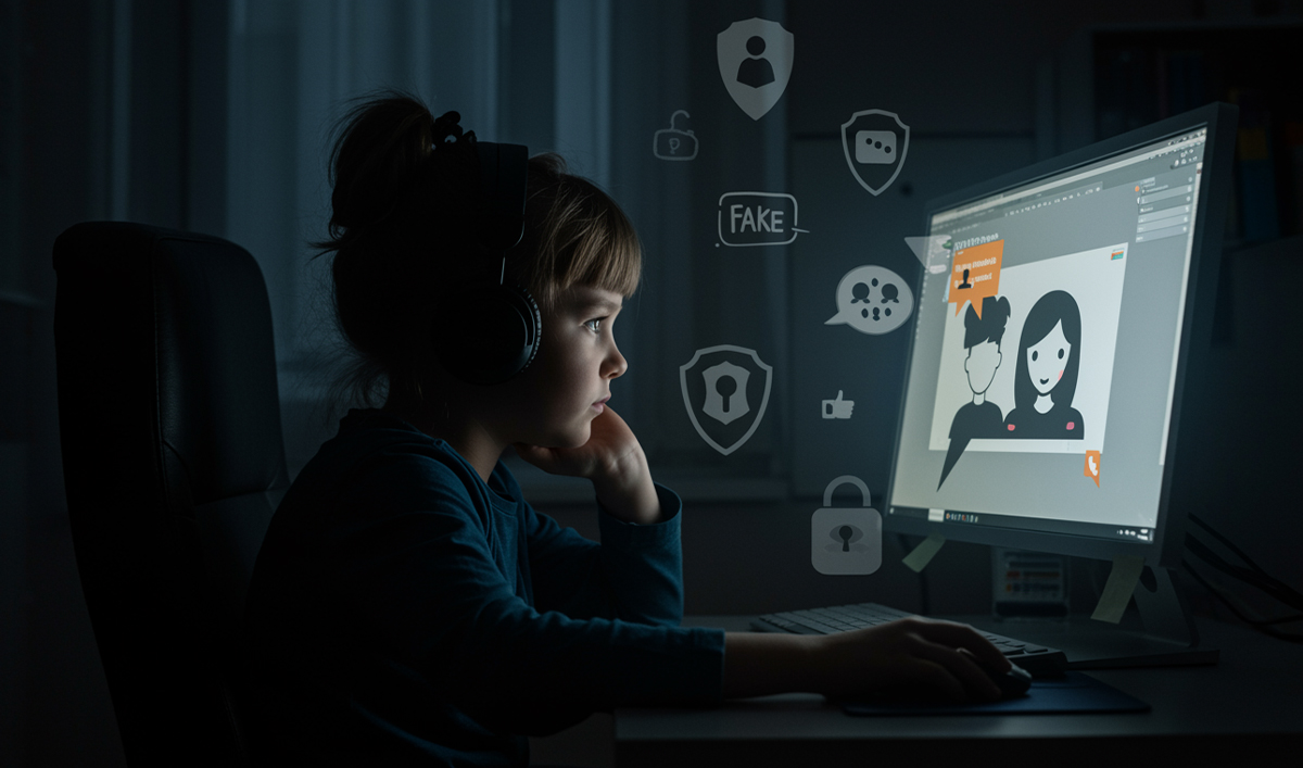 Online-Jugendschutz Ein Kind sitzt vor einem Computer, während es potenziellen digitalen Gefahren im Internet ausgesetzt ist.