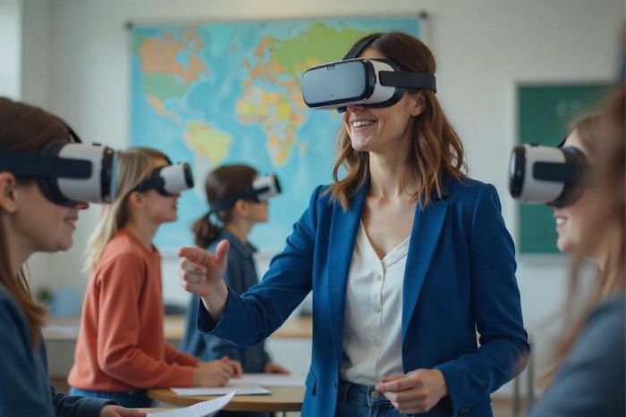 Eine Lehrerin die eine VR-Brille anhat und lächelnd ihren Schülern die Augmented Reality zeigt.