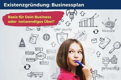 Symbolbild zur Existenzgründung: Gründerin denkt über Businessplan nach, umgeben von Symbolen für Planung, Finanzierung und Unternehmensaufbau.