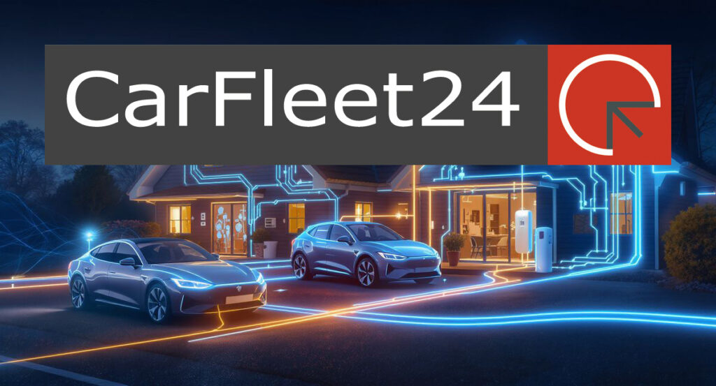 CarFleet24: KI-generierte Autos, die an einem KI-generierten Haus an den Stromkreislauf angeschlossen sind, symbolisieren intelligente Mobilität und Energieintegration.