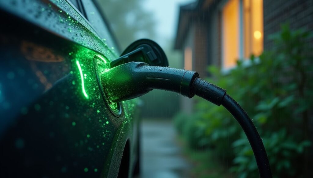 Ladekabel steckt in einem E-Auto, grüne LED leuchtet am Ladeanschluss bei Regen