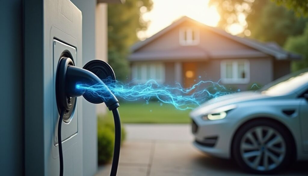 Nahaufnahme eines Ladesteckers an einer Wallbox, Energieeffekt Richtung E-Auto vor einem Wohnhaus.