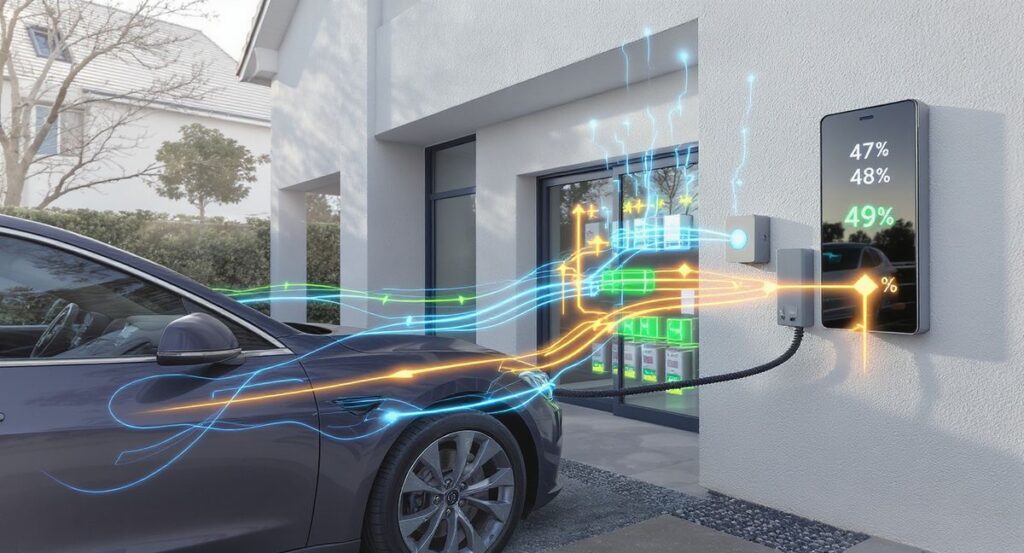 E-Auto lädt an einer Wallbox am Haus – visualisierte Energieflüsse und Ladezustand in Prozent.