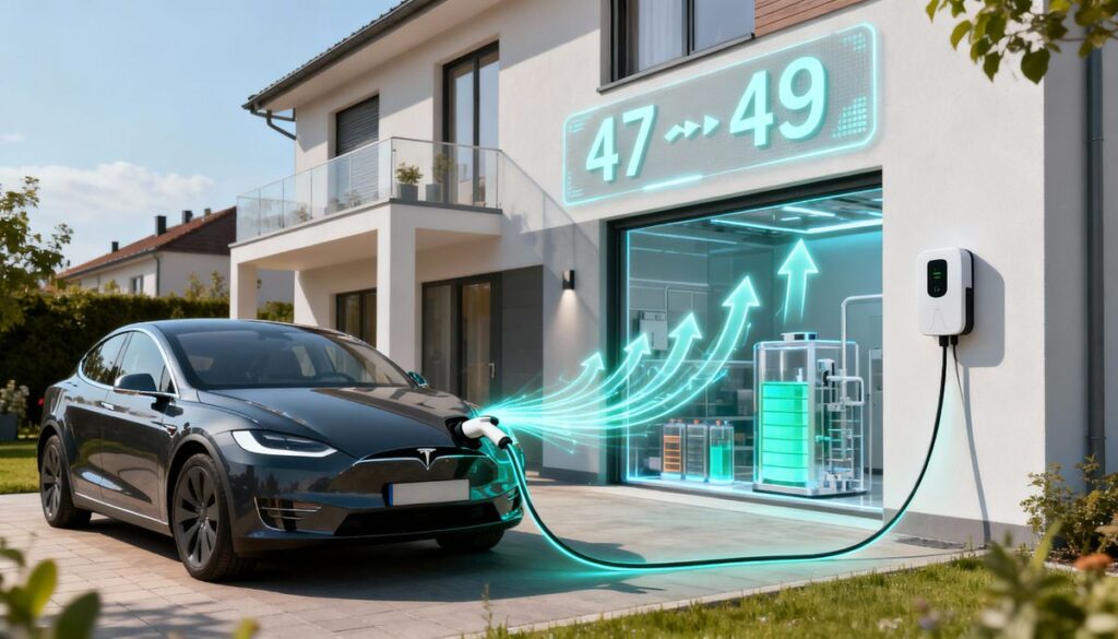 Futuristisches Elektroauto vor einem Haus an der Ladestation, lädt Strom für die Hausversorgung.