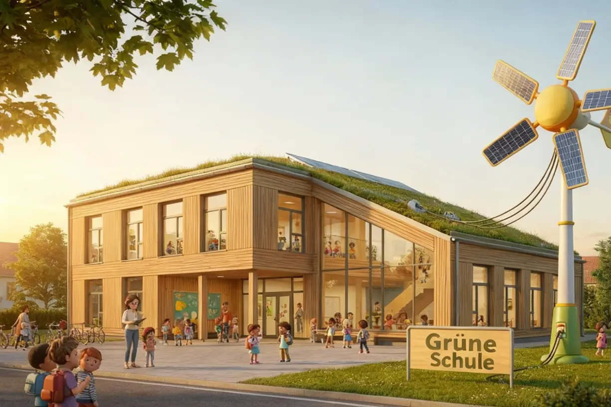 Schule mit grünem Dach, Solaranlage und EasyWind-Windrad. Vor dem Gebäude steht ein Schild 'Grüne Schule'. Kinder und Lehrkräfte bewegen sich auf dem Schulhof