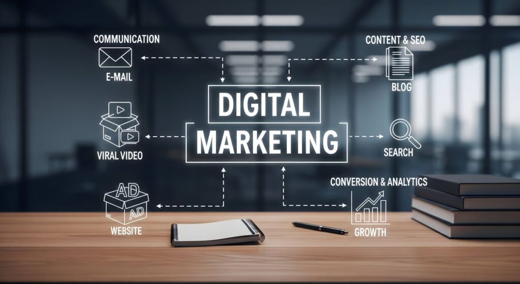 Digital Marketing Konzept mit E-Mail, Viral Video, Website, Blog, Suche und Wachstum – verknüpft mit Generative AI Optimization, vorgestellt vom BDS Schleswig-Holstein.