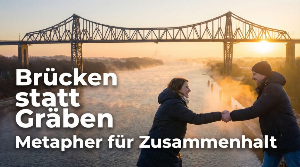 Zwei Menschen reichen sich vor einer Brücke die Hand – Symbol für Zusammenhalt und Teamarbeit stärken.
