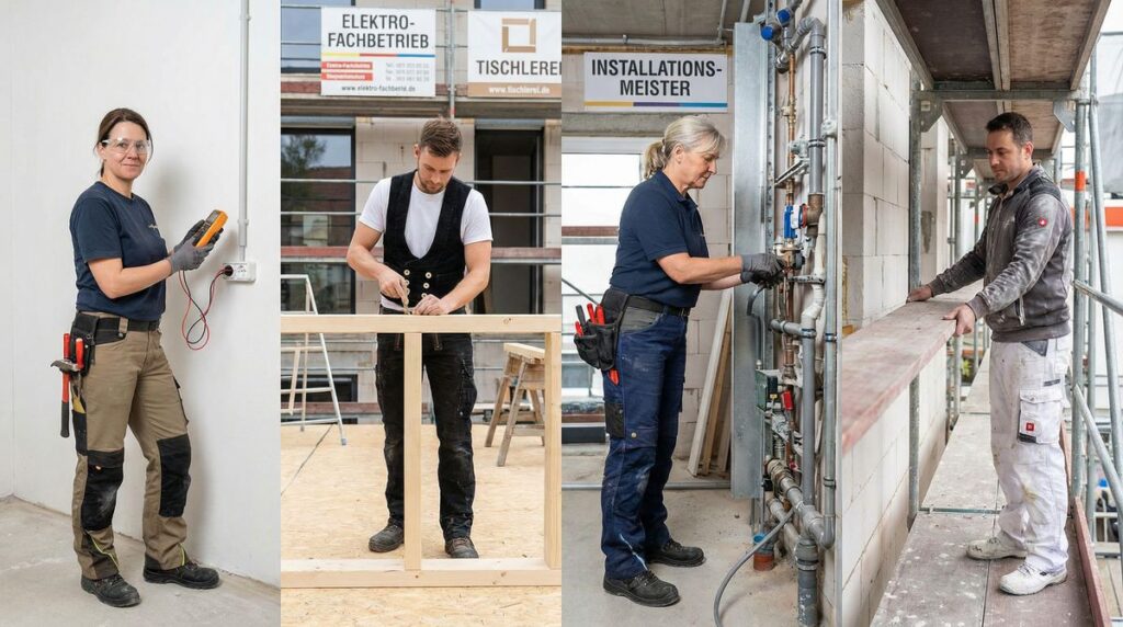 Handwerkerinnen und Handwerker aus Elektro-, Tischler- und Installationsbetrieben bei der Arbeit – vielfältige Fachkräfte, die den Mittelstand stärken.