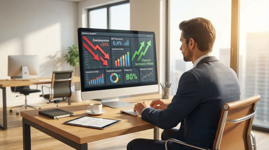Unternehmer analysiert digitale Marktgrafiken zu Risiken und Chancen wie Energiepreisen, Fachkräftemangel und Förderung – wichtige Daten, um den Mittelstand zu stärken.