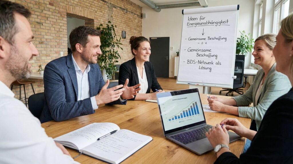 Unternehmerinnen und Unternehmer entwickeln im Meeting Ideen zur Energieunabhängigkeit – gemeinsames Handeln, um den Mittelstand zu stärken.